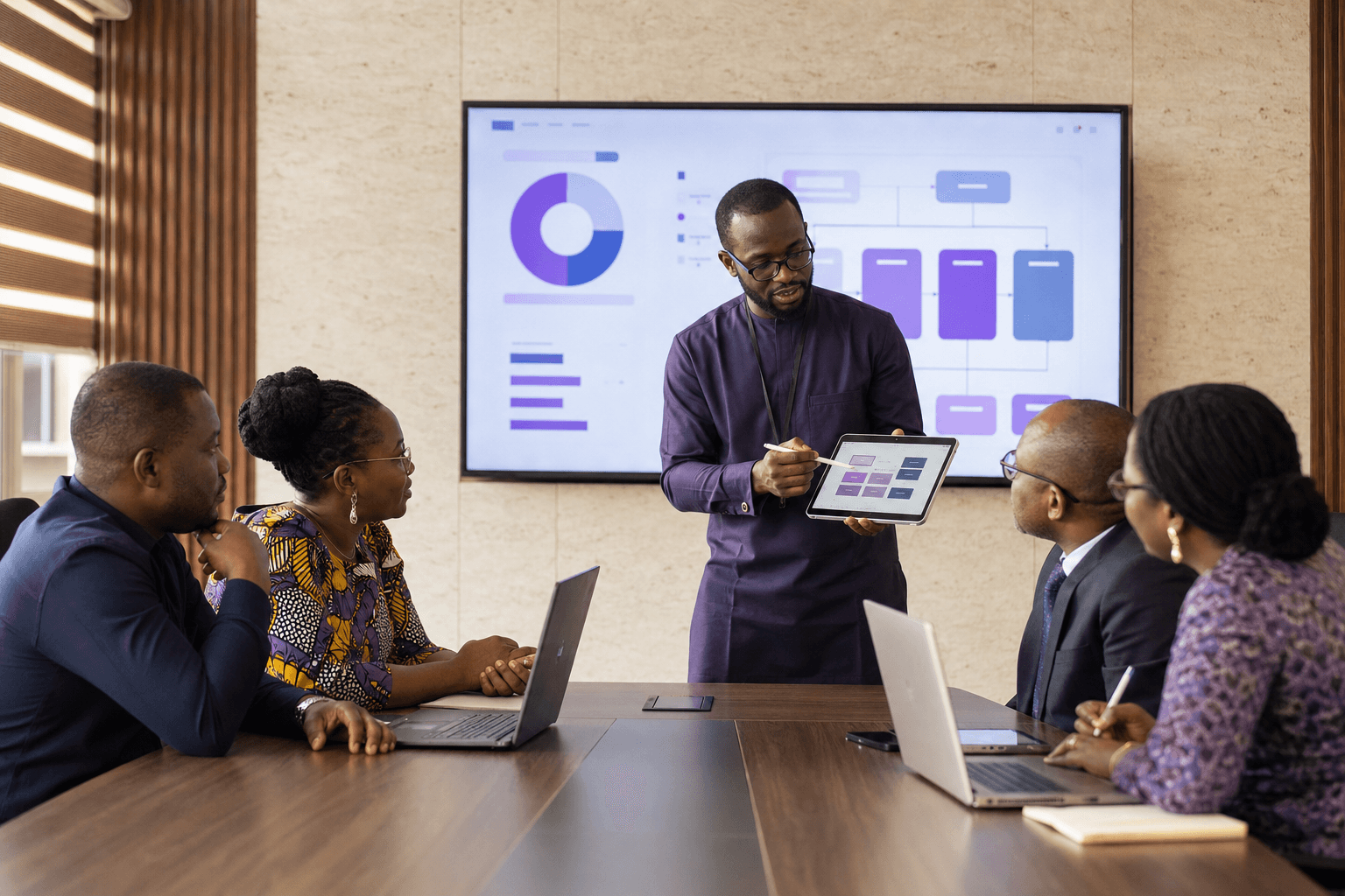 Technology consultant presenting a digital service workflow to public-sector leaders